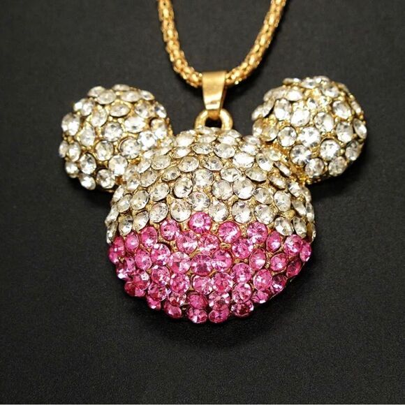 Lovely Pink Mouse Head Crystal Pendant Chain Woman Necklace NWOT - Picture 1 of 3